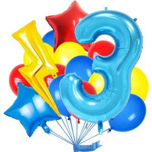 40 Inch Blue 3 Balloon Number, Latex Red Black Yellow Balloons, Mylar Lightning Balloons for Kids Cartoons Theme 3th Birthday Baby Shower Decorations