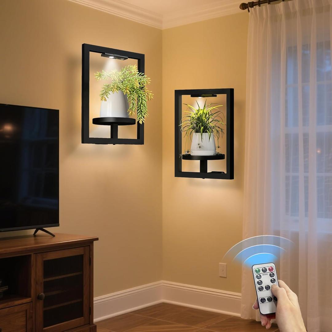 BAOYOUNI 2 Pack Picture Frame Wall Plant Holder with Light,Metal Window Plant ShelfModern Floating Plant Stand for Indoor Outdoor Patio Balcony Garden Living Room Bedroom