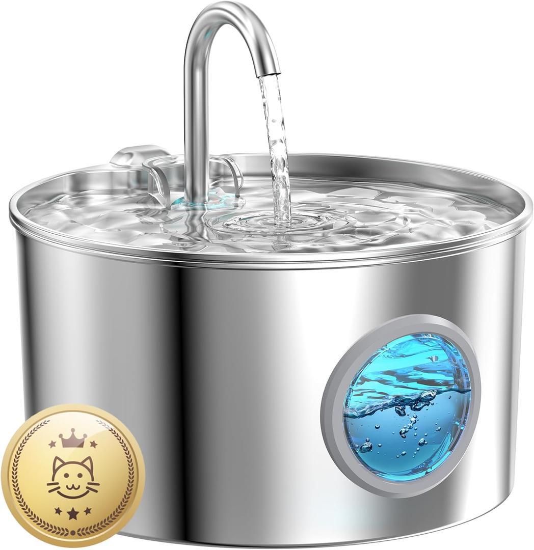 Cat Water Fountain Stainless Steel: 74oz/2.2L Cat Fountain for Drinking - Pet Water Fountain for Cats Inside - Quiet Cats Water Bowl Dispenser - Kitty Drinking Fountains - for Pets& Small Animals