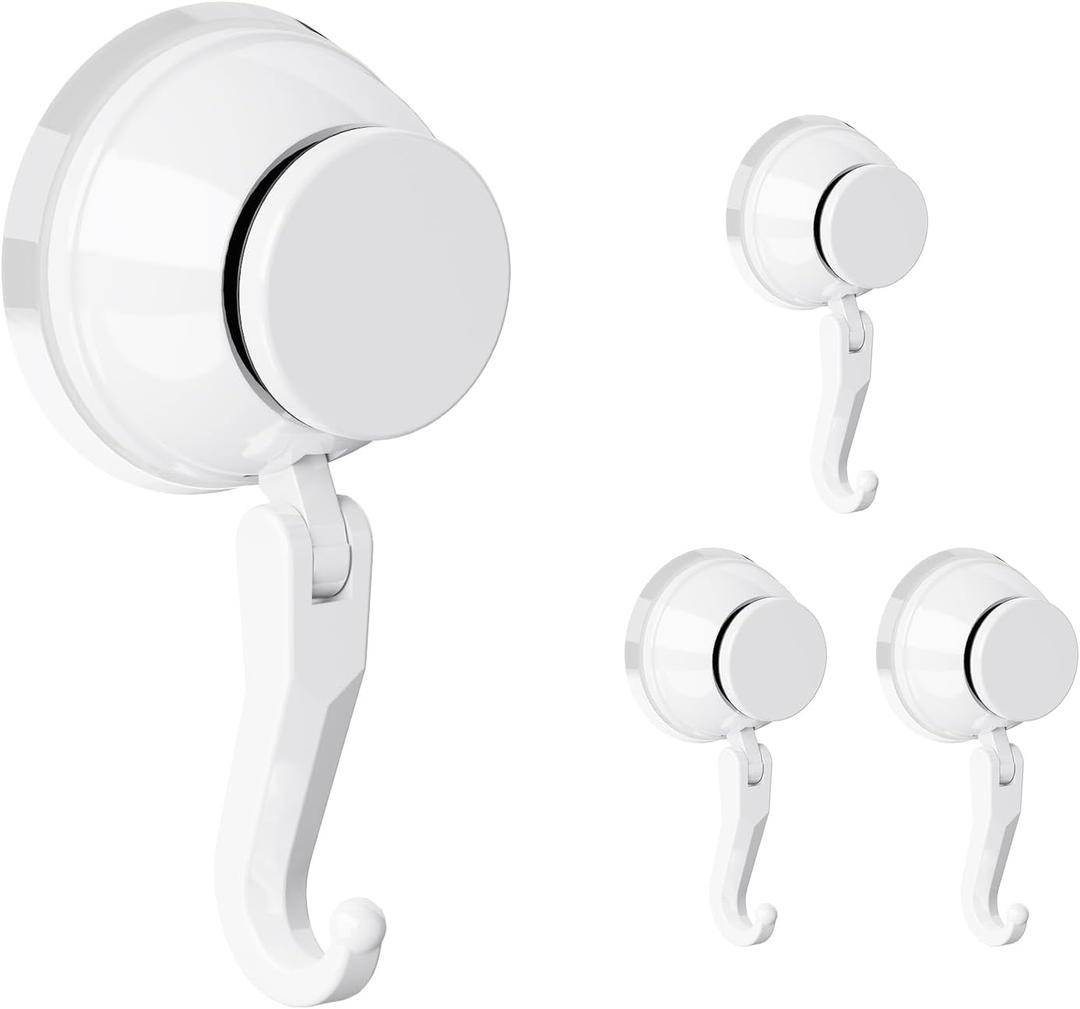 Suction Cup Hooks, 4 Pack 11 lbs Heavy Duty Hooks for Inside Shower, Bathroom, Kitchen, Glass Door, Tile, Reusable & Removable Vacuum Suction Towel Hooks - White