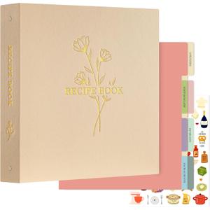Lanpn Recipe Binder 8.5x11 3 Ring Kit, Waterproof Recipe Book Organizer Binder with 60 Plastic Sleeves,116 Recipes, Dividers,Labels & Stickers, Blank Recipe Binder to Write in Your Own Recipes, Oat (8.5 x 11 Inch, Flower A-oat)