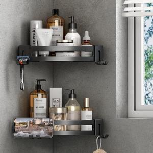 VOLPONE Corner Shower Caddy with Razor Holder Adhesive Shower Shelf Corner No Drilling Bathroom Shower Organizer Storage Rack (2-Pack, Black)