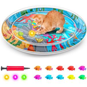Cat Dog Water Mat with 3PCS Multi-Color Lights [ Newly Upgraded, 2 Layers Thickened Pet ] Anti-Scratch Leak Proof, with Floating Fish for Indoor and Outdoor Cat Dog Toys (Octopus & Light)