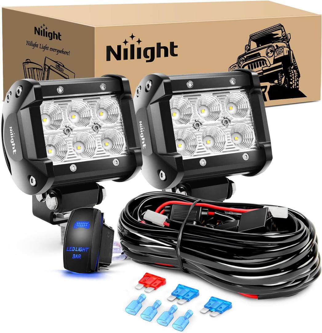 Nilight 4 Inch LED Light Pods 2PCS 18W Flood Fog Light Bar with 12V 5Pin Rocker Switch TE Connector Wiring Harness Kit-2 Leads for 4x4 offroad Pickup Truck ATV UTV SUV Golf Cart Boat