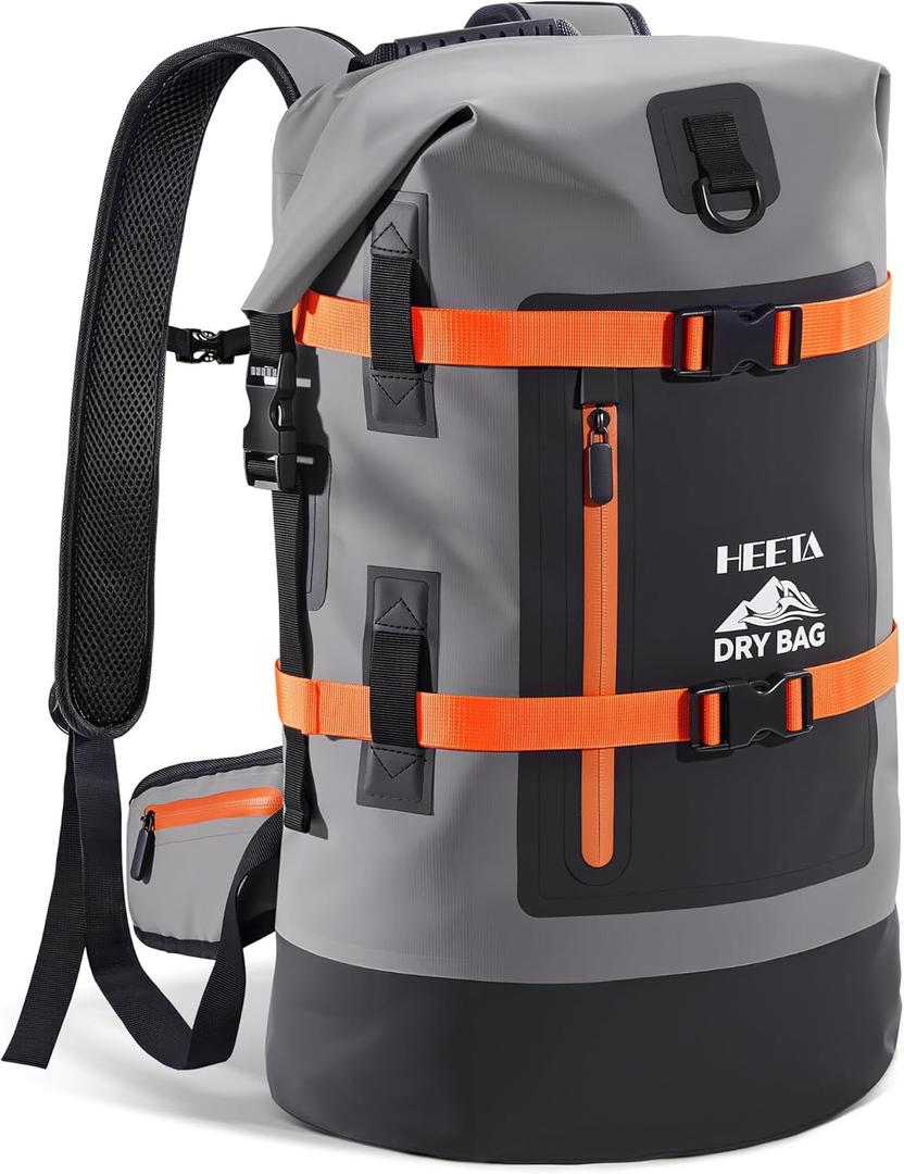 HEETA Dry Bags Waterproof Backpack 40L for Men & Women, Roll Top Heavy Duty Cushioned Hiking Backpack for Kayaking Boating Paddle Boarding Travel Camping Beach Vacation Cruise Ship Essentials, Grey
