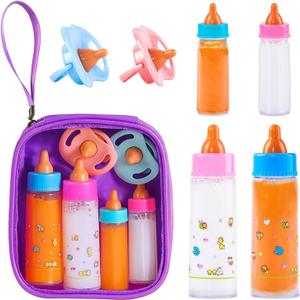 SCOM Baby Doll Bottle Accessories - 6 Pcs Feeding Bottle Toys, Magic Disappearing Milk & Juice, Pretend Play Set with Pacifiers Kids Gift Purple