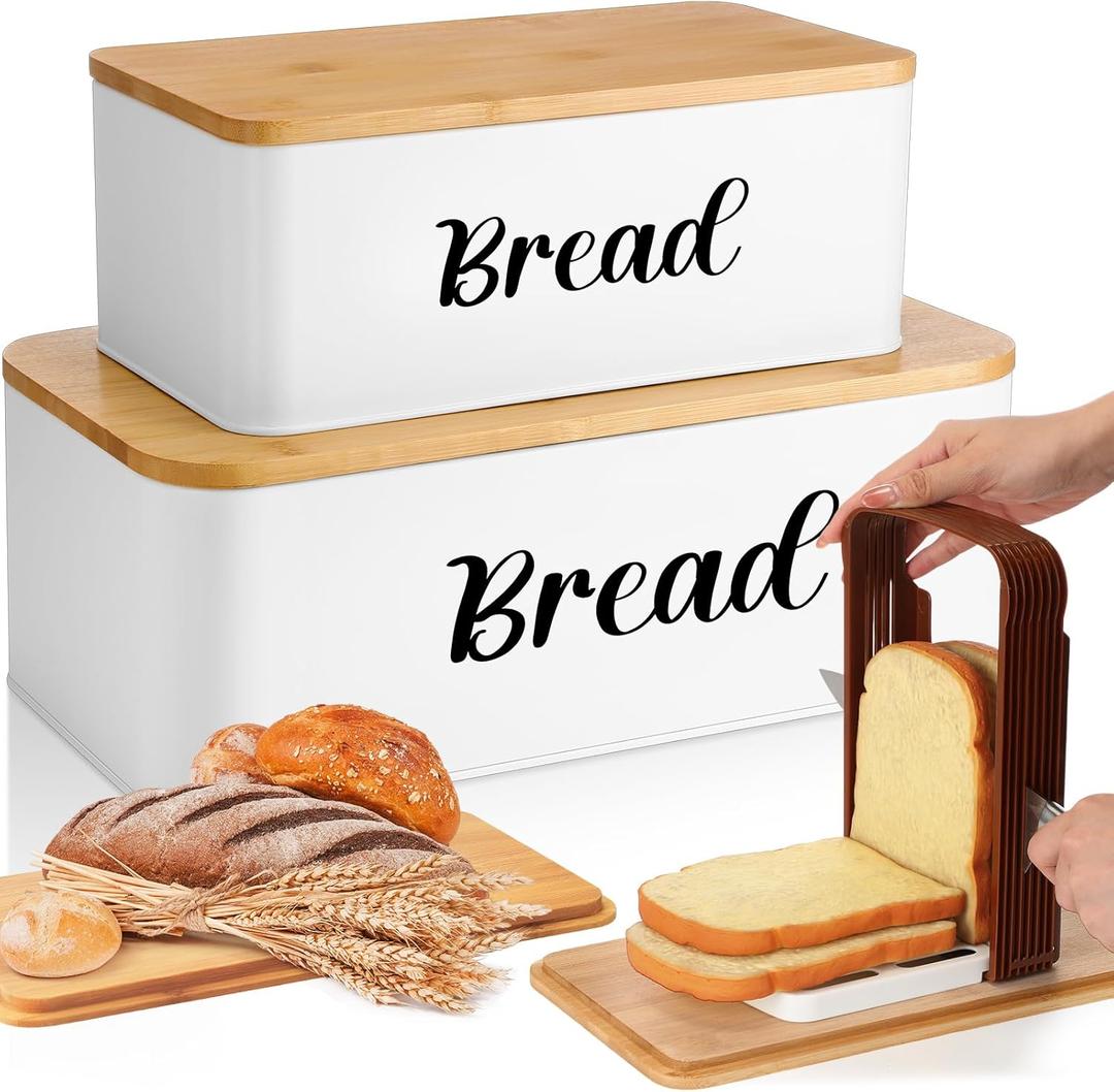 2 Pcs Extra Large Bread Box with Slicer, Metal Farmhouse Bread Storage Container with Bamboo Cutting Board Lids Multi-size Breadbox Set for Kitchen Countertop (White)