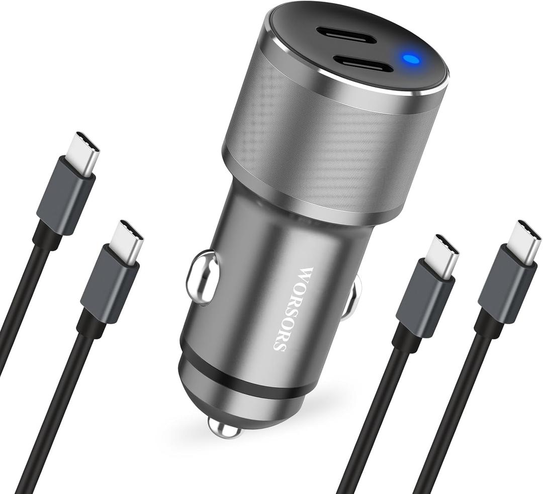 Dual 45W USB C Car Charger, 90W Max Super Fast Charging, All Metal 12V Cigarette Lighter Adapter for iPhone 17 Pro Max/16/15/iPad, Samsung Galaxy S25/S24, Google Phones with 2 Type C Cable 3.3ft Gray