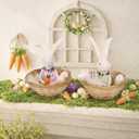 Easter Bunny Resin Decor Set of 2  Cute Rabbit Figurines in Basket with Eggs, Spring Easter Table Decorations for Home, Farmhouse, Office & Party Centerpiece Tiered Tray Shelf Mantel