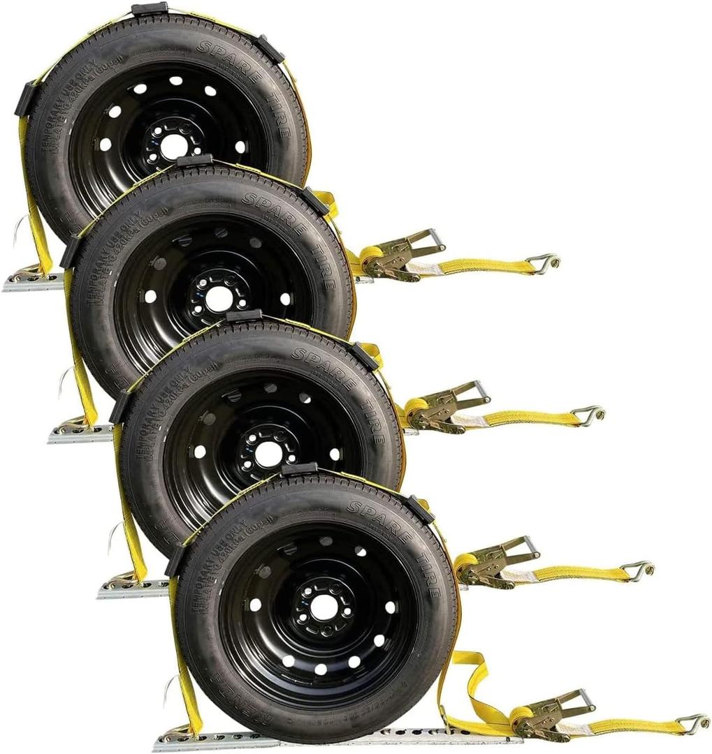 Heavy Duty Vehicle Tie Down Kit - 10,000lb Break Strength - Use for Car, Truck, UTV - (4) Premium 2" x 10' Ratchet Straps with Rubber Blocks Wheel Tie Down Straps(Yellow)