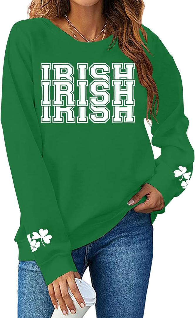 St Patricks Day Sweatshirt Women Shamrock Sweater Notre Dame Shirts Clover Top Irish Gift Long Sleeve Pullover (M)