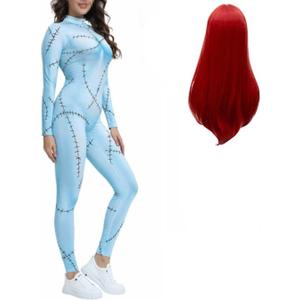 2PCS Christmas Nightmare Costume for Women 3D printed Halloween Cosplay Bodysuit Adults Dress Up Set With Red Wig (X-Large)