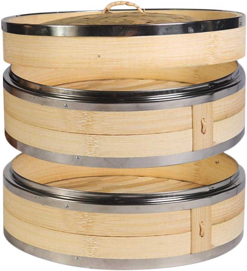 2-Tier Kitchen Bamboo Steamer with Stainless Steel Rings for Asian Cooking | Sauce Dish & 2-Chopsticks | Buns Dumplings Vegetables Fish Rice (9.4")
