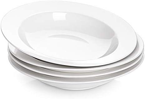 Amazon.com | DOWAN Soup and Pasta Bowls Set of 4, White Porcelain Wide Rim Salad Plates, 20 Ounces, Microwave & Dishwasher Safe: Soup Bowls