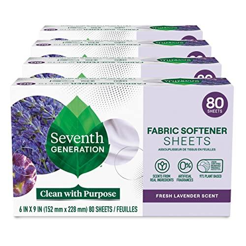 Seventh Generation Dryer Sheets Fabric Softener Fresh Lavender Scent with 100% Essential Oils and Botanical Ingredients 80 Sheets (Pack of 4)