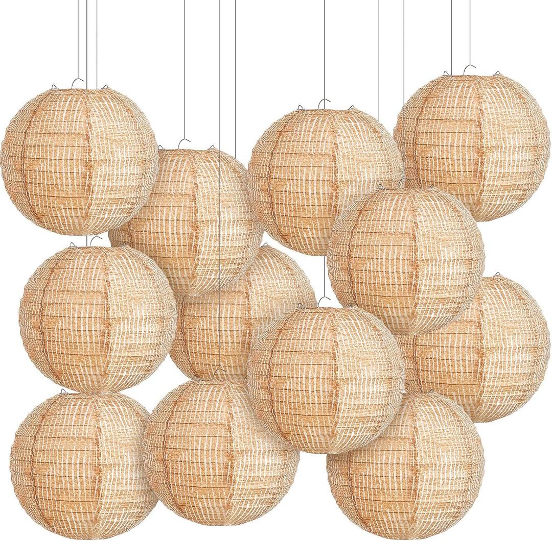 Hortsun 12 Pcs Print Burlap Paper Lanterns Round Chinese Paper Lanterns Farmhouse Boho Classroom Home Decor Classroom Sweet Birthday Party Ceremonial Event (8 Inch)