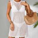 BreathSunny Womens Crochet Swimsuit Beach Cover Up 2026 Sleeveless Mesh Knit Bathing Suit Swim Coverups Mini Dress (White, M)