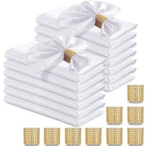 RUDONG M 100 Pcs White Satin Napkins and Napkin Rings Set, 17 x 17 Inch Square Cloth Napkins Set of 50, Silky Soft Table Napkins Bulk for Weddings, Banquet, Parties Dinner Decoration