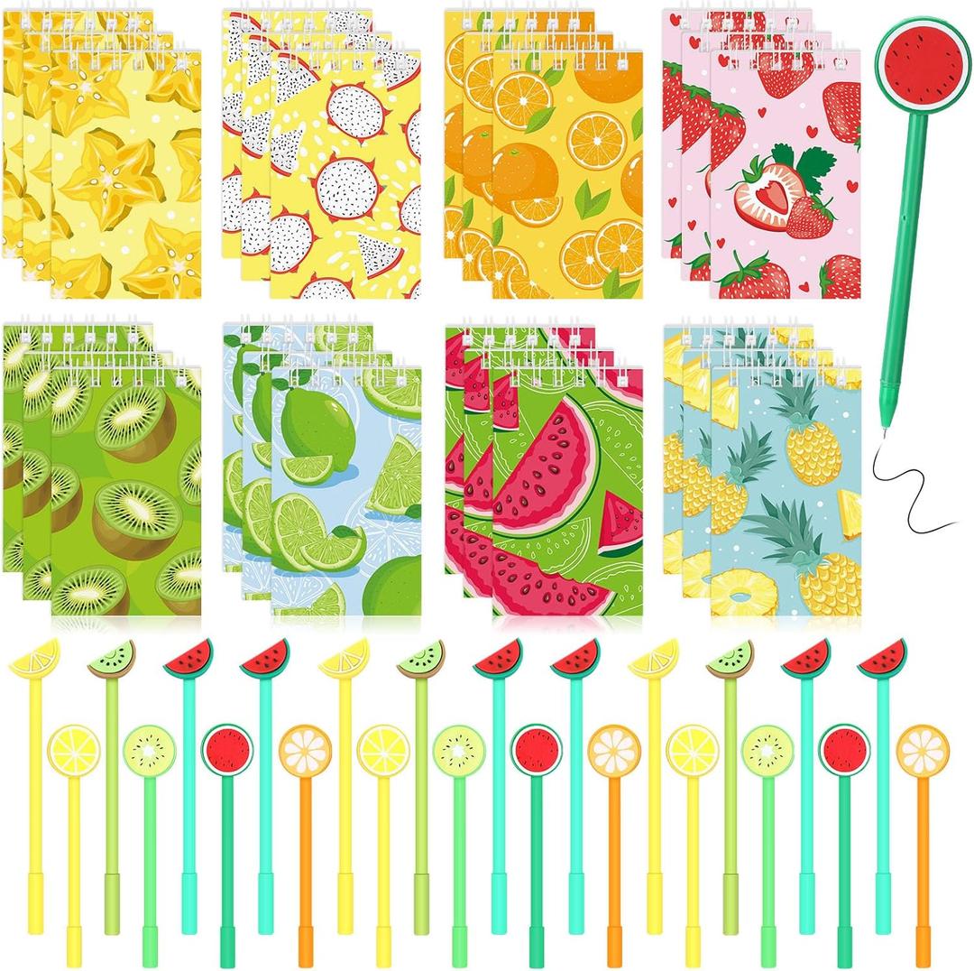 Yeaqee 48 Pieces Fruit Mini Notebooks and Ballpoint Pens Summer Fruit Them Party Favors Cute Journal and Pens Set Piata Fillers Gifts for Kids Adults School Office Party Supplies Classroom Prizes