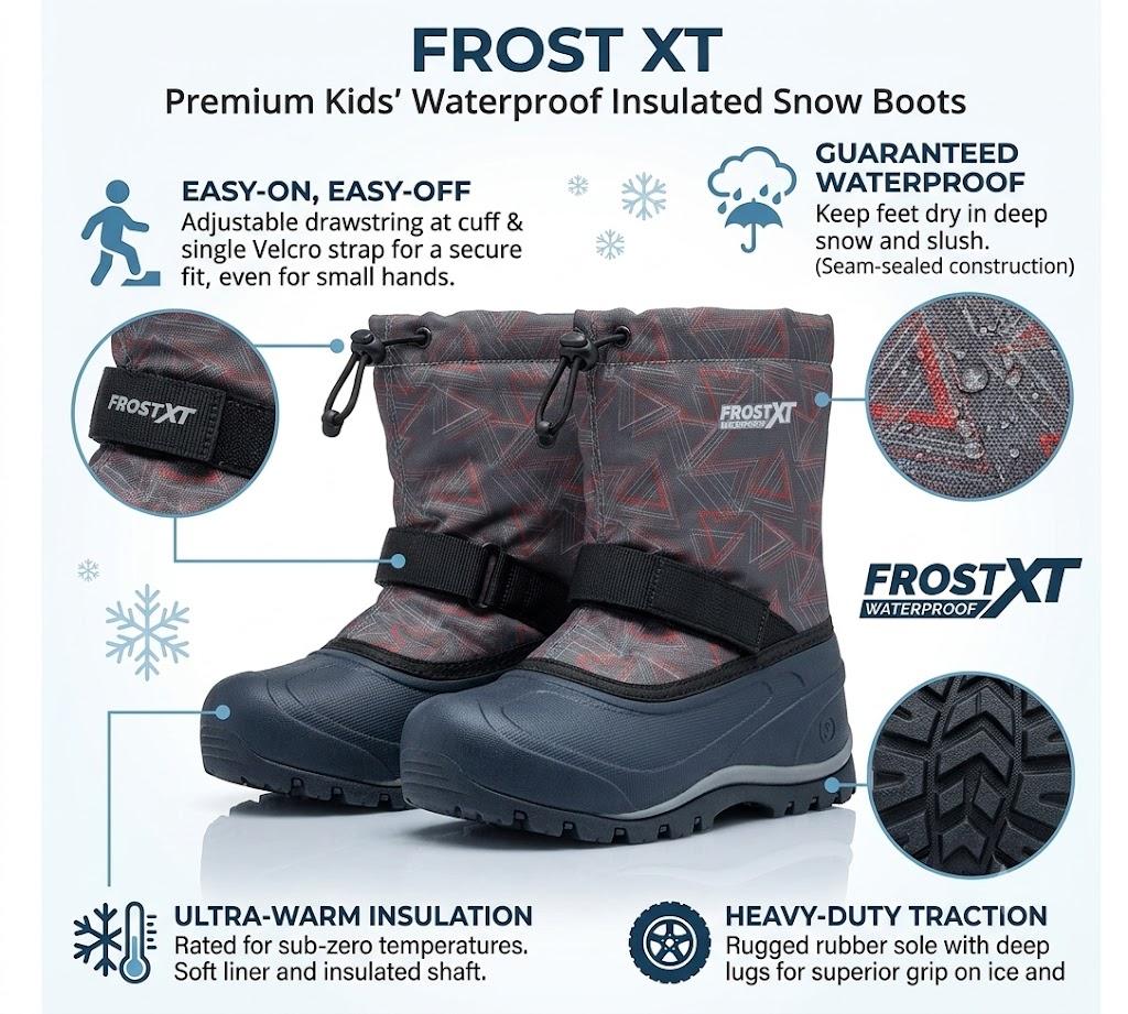 Northside Kids Frosty XT Snow Boot Waterproof Insulated - Seam Sealed Warm Liner Reflective Pull Traction Sole - Lightweight Stylish Winter Footwear, Dark Gray/Red, 2
