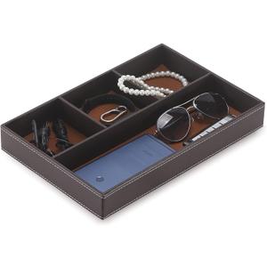 Desktop Storage Organizer, Nightstand or Dresser Organizer, Valet Tray, Entry Table Organizer, Modern bedside Box,PU Leather Drawer Storage Organizer Decorative Trays. (brown)