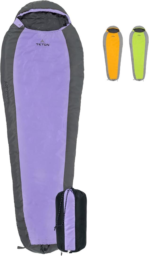 Teton 20F and 5F Degree Sleeping Bag; Lightweight, Warm Weather Mummy Sleeping Bags for Adults and Kids, Camping, Backpacking, Hiking (Purple)