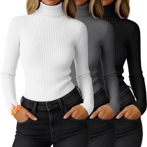 Ficerd 3 Pack Women's Ribbed Thermal Turtleneck Tops Long Sleeve Stretch Shirts Knitted Fitted Lightweight Base Layer, Medium