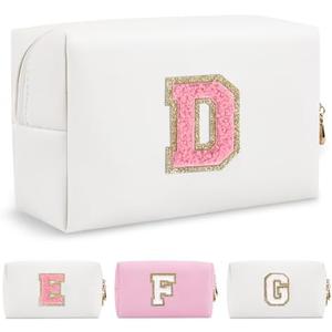 Personalized Makeup Bag Initial A-Z Preppy Patch Bag,Small PU Leather Travel Cosmetic Bag Pouch with Zipper,White Cute Toiletry Bag,Gift Ideal for Teen Girls Women Birthday Friend Mom,Letter D