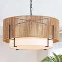 25.6" Large Rattan Chandelier, 6-Light Boho Pendant Light with Fabric Shade, Farmhouse Rattan Hanging Ceiling Light Fixture for Dining Room, Living Room, Kitchen Island, Bedroom, Hallway, Foyer