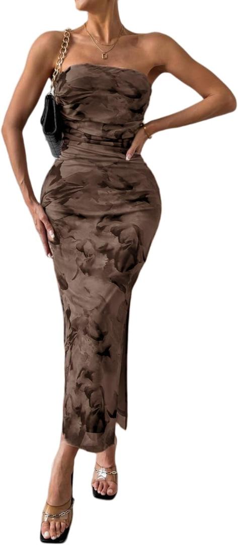 LIGHT DOT Women's Summer Dress Printed Strapless Tube Bodycon Maxi Side Slit Mesh Layered (Brown, S)