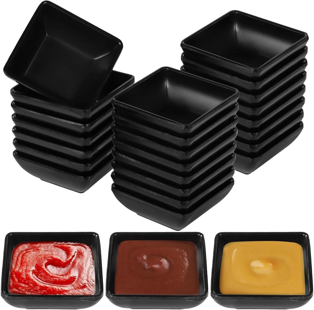 24 PCS Dipping Sauce Bowls, Plastic Soy Sauce Dishes, Small Square Design for Condiments, Black, Ideal for BBQ, Parties, and Dining Tables