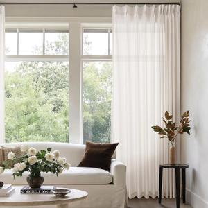 Pinch Pleated 72 Inch Wide Curtain 90 Inches Long Cream Ivory Sheer Linen Curtain Drapes for Patio Sliding Glass Door with Hooks Rings Semi Sheer Privacy 90 Inch Length Drapes for Living Dining Room (Natural)