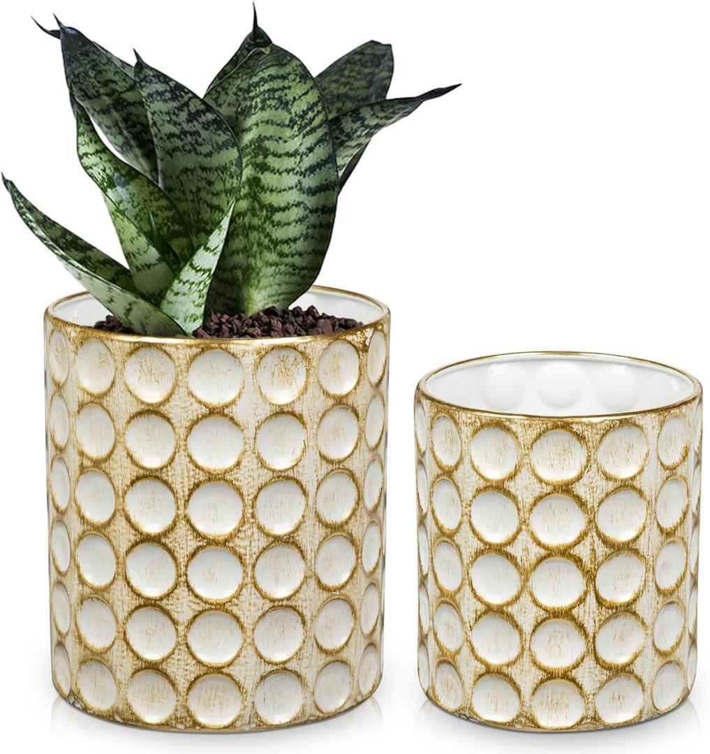 DILATATA 6 Inch+5 Inch Rustic Metal Vase Flower Pot with Dot Texture Vintage Gold and White Metal Planter Multi-Use Container for Flower Planter Succulent Plant Container-Set of 2