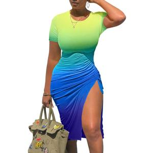 GOKATOSAU Women's Sexy Bodycon Short Sleeve Slit Ruched Summer Club Party Midi Dress Gradient Yellow (XL)