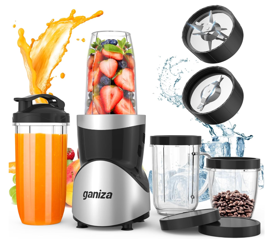 Ganiza Smoothie Blender, 900W Blenders for Shakes and Smoothies, 15-Piece Personal Blender and Grinder Combo for Kitchen, Smoothies Maker with 4 BPA-Free Portable Cup, Nutritious Recipe