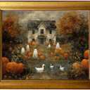 Rustic Halloween Picture Wall Decor Vintage Gold Framed Haunted Mansion Halloween Canvas Wall Art Ghosts Print Fall Wall Decor Farmhouse Autumn Landscape Pumpkin Painting, 20"L x 16"W