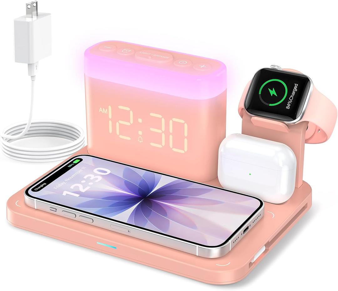 ANJANK 5 in 1 Wireless Charging Station with Alarm Clock,7 Night Light & 0-100% Dimmer,Qi Mag-Safe Charger Stand for Apple Devices - for iPhone 17 16 15 14 13 12 Pro Max Plus Air,Apple Watch,Airpods (Pink)