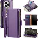Antsturdy Compatible with iPhone 16 Pro Max Wallet Case,RFID Blocking PU Leather Phone Case Women Men Kickstand flip Cover Wrist Strap Zipper Credit Card Holder Slots for Apple 16 ProMax,Purple
