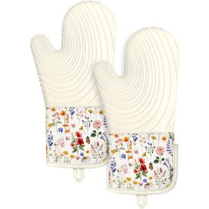 Slohif Long Silicone Oven Mitts Heat Resistant for Women - 2 Pcs Red Flower 100% Cotton Oven Gloves, Non-Slip and Waterproof Silicone Oven Mitts with Hanger for Baking and Cooking