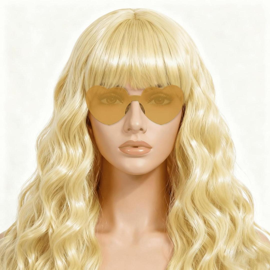 Long Curly Wave Wig with Heart Sunglasses and Hair Cap  Set of 3 | Colorful Colored Party Wigs Funny Costume Hairpieces for Halloween Cosplay (Light Blonde)