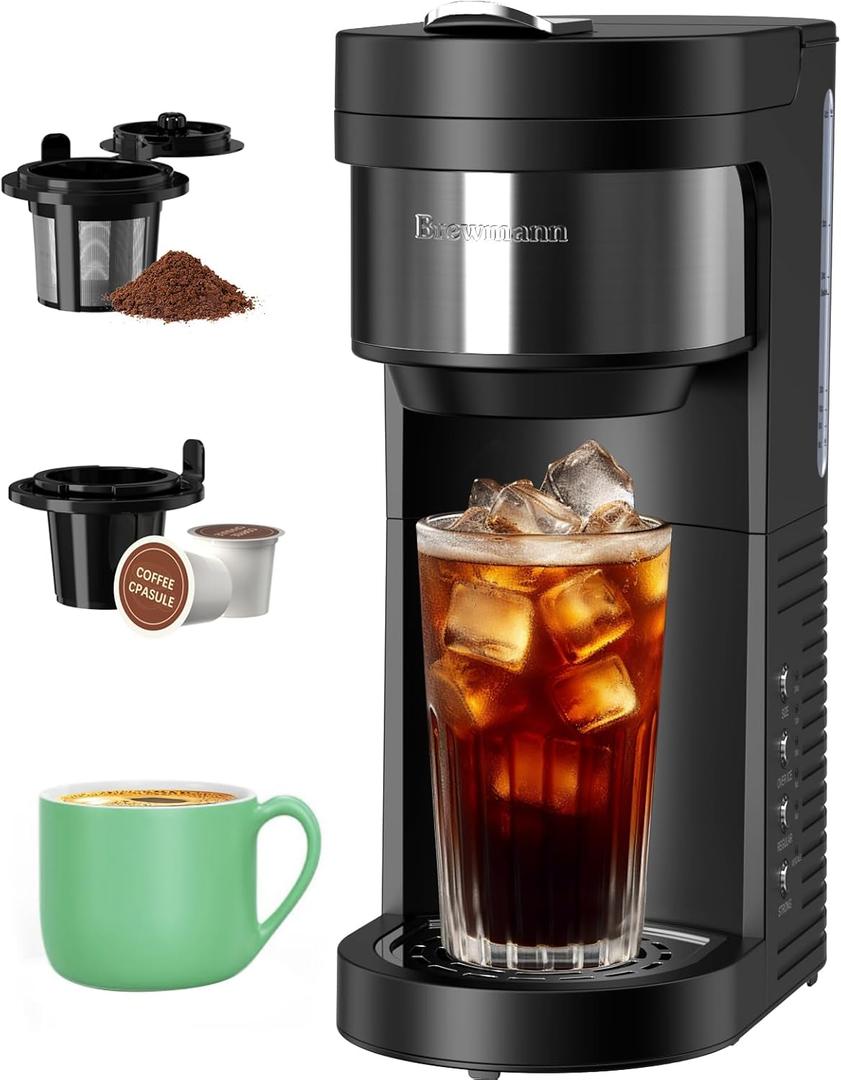 Single Serve Hot & Iced Coffee Maker, for K Cup Pod and Grounds, 6 to 24oz Brew Size, Slim Compact for Small Spaces, Descaling Reminder, with Reusable Filters, Black