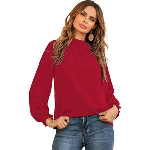 LYANER Women's Frill Mock Neck Flounce Long Sleeve Solid Blouse Office Shirt Top, Red L LYANER Women's Frill Mock Neck Flounce Long Sleeve Solid Blouse Office Shirt Top, Red L