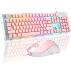 Gaming Keyboard and Mouse Combo, K1 RGB LED Backlit Keyboard with 104 Keys Computer PC Gaming Keyboard for PC/Laptop (Pink)