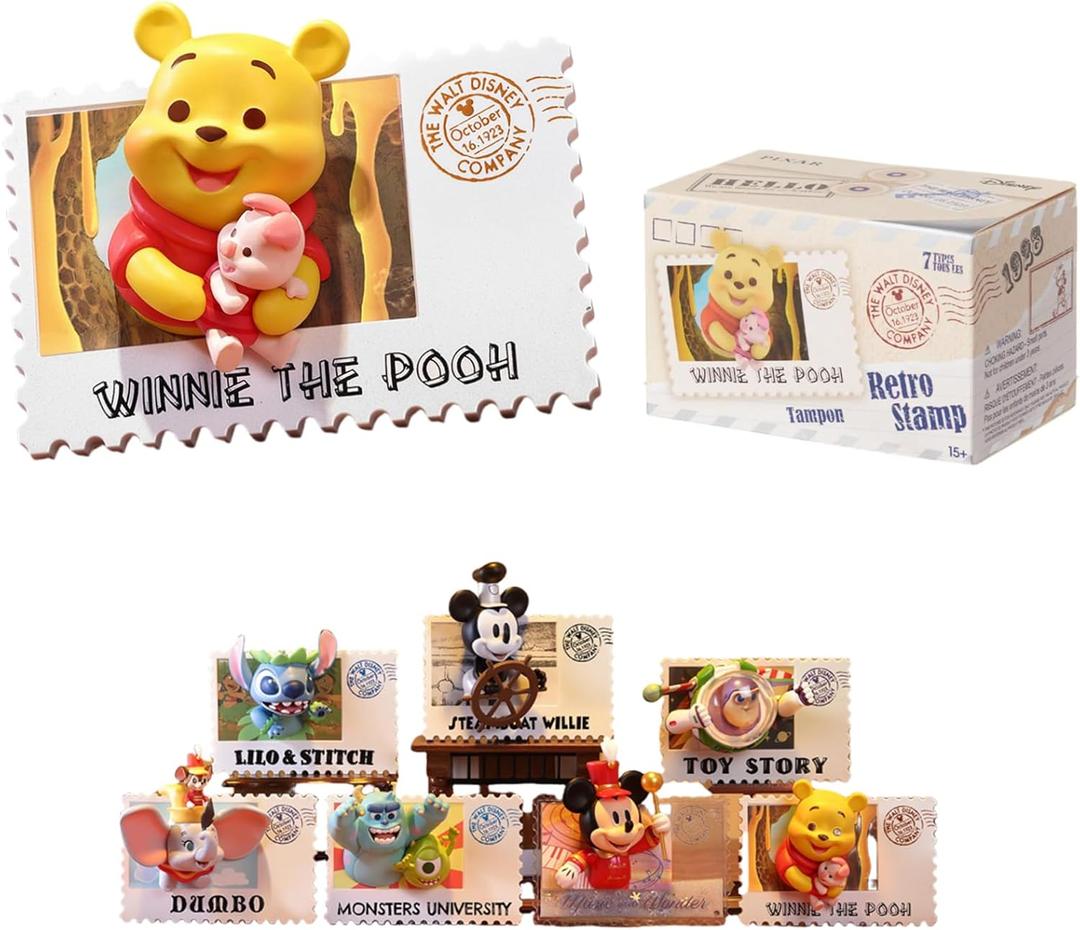 MINISO Disney Winnie The Pooh Retro Stamp Collection Blind Box Figure Random Design Stitch Mickey Surprise Boxes Mystery Collectible Toy for Home Decorations Birthday Gifts (Random One Figure)