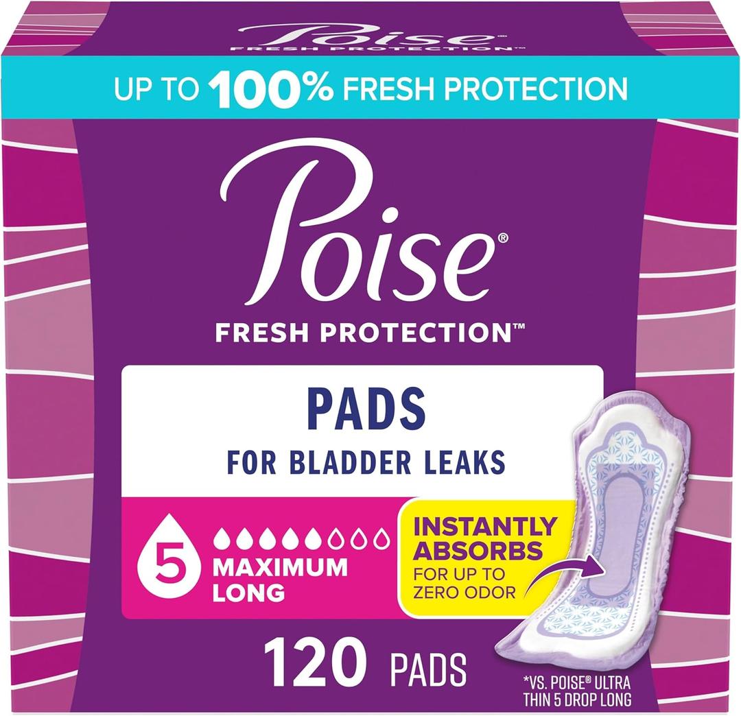 Poise Incontinence Pads & Postpartum Incontinence Pads, 5 Drop Maximum Absorbency, Long Length, 120 Count (2 Packs of 60), Packaging May Vary