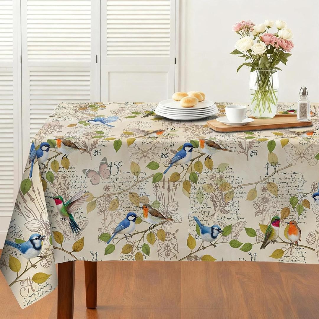 Vintage Rustic Birds Tablecloth, Washable Hummingbird Rectangle Table Cover, Spring Summer Floral Tablecloth for Party Picnic Wedding Outdoor Dining Decor 54x72 Inch