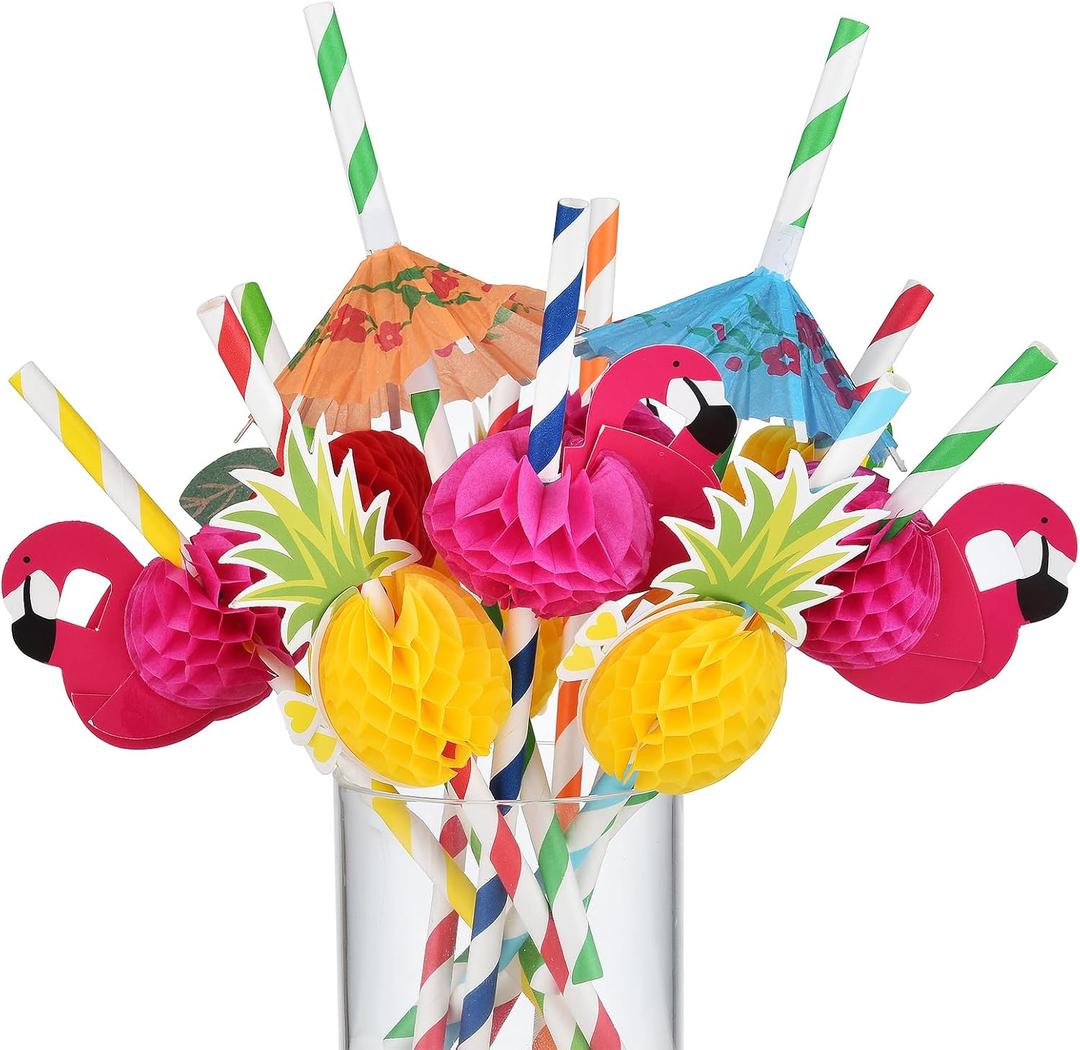 Haundry 100PCS Luau Party Cocktail Straws, 3D Honeycomb Flamingo Fruit Umbrella Paper Straws with Pineapple Straws, Disposable Tropical Drinking Straws for Hawaiian Pool Summer Party