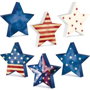 6 Pcs 4th of July Wooden Stars Signs Star Tiered Tray Decor Red Blue White Wood Star Shape Table Blocks for Party Home Office Table Shelf Decor for Independence Day(Patriotic Style)