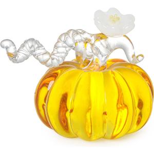 LONGWIN Hand Blown Glass Pumpkin Figurines Paperweight - 2.9 Inch Crystal Small Fake Halloween Pumpkin Decor Fall Harvest Decorations for Home/Thanksgiving (Gold)