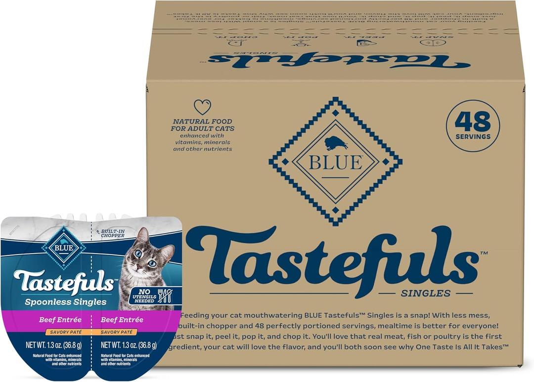 Blue Buffalo Tastefuls Spoonless Singles Natural Wet Cat Food Pat, 2.6-oz Twin-Pack Trays, Beef Entre (24 Count)